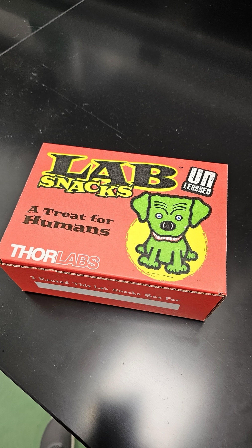First box of lab snacks in the temporary lab space.