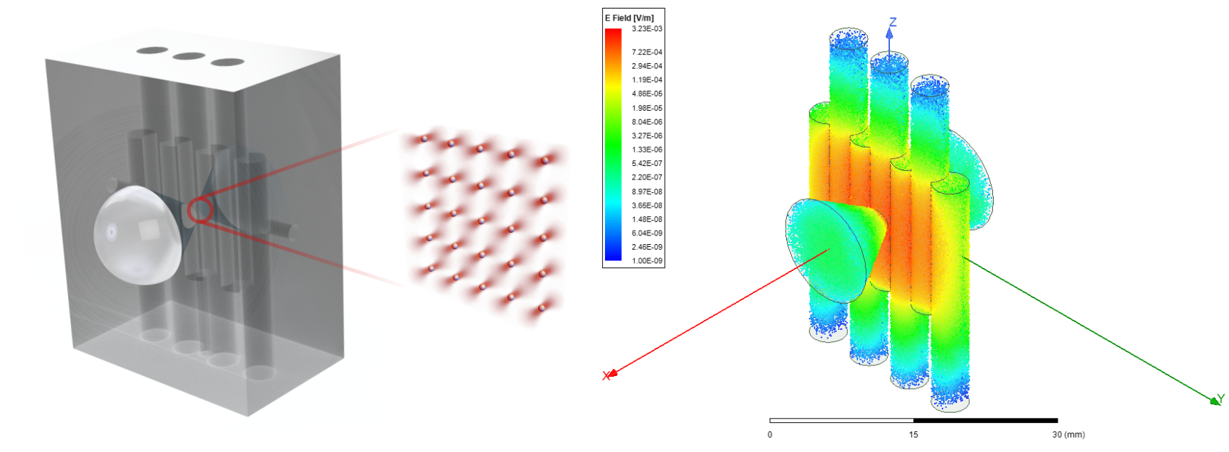 Rendered niobium "flute" superconducting millimeter-wave cavity with an atom array inside.